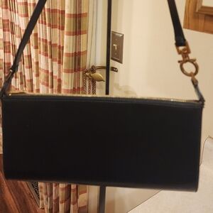 Salvatore Ferragamo Black Leather Shoulder Pouchette Bag with Gold Hardware